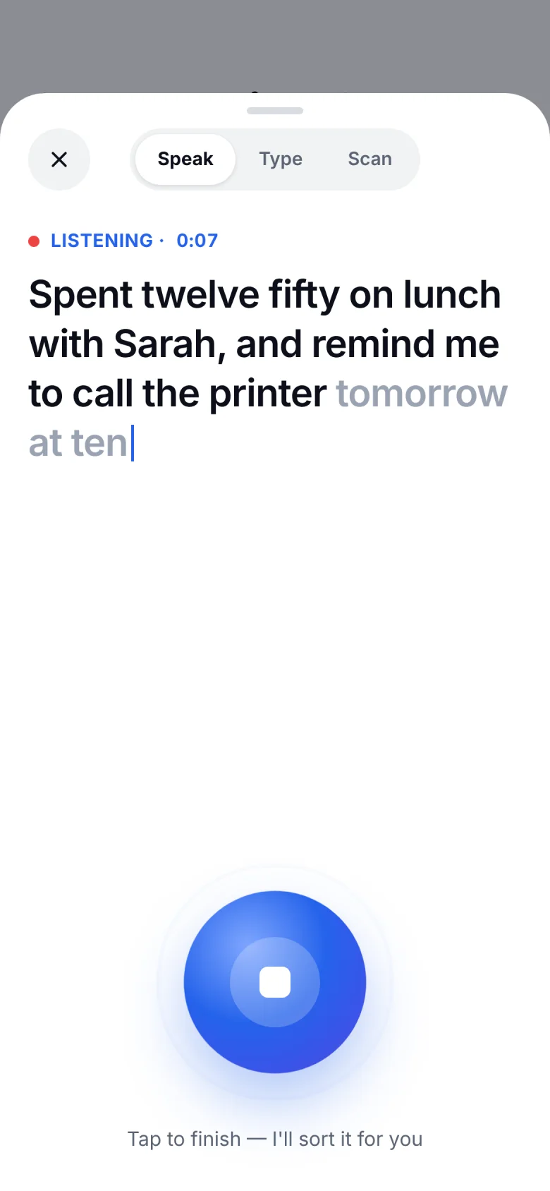 Companion listening screen, with the sentence appearing as it is spoken