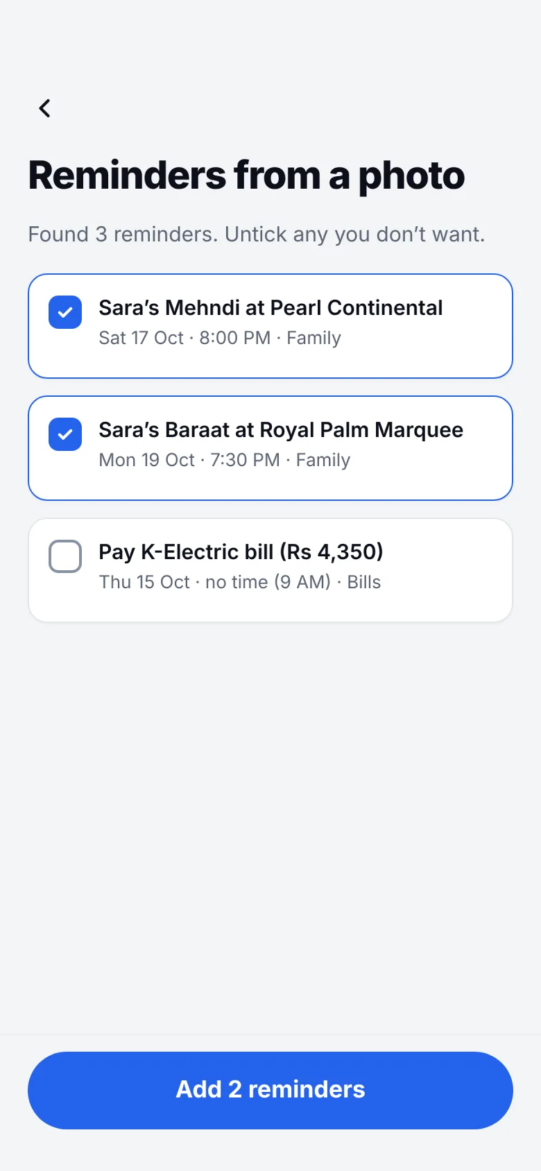Companion screen offering three reminders found in a photographed wedding invitation and a bill