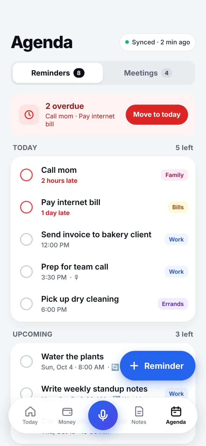 Companion Agenda screen showing two overdue reminders and today’s to-dos